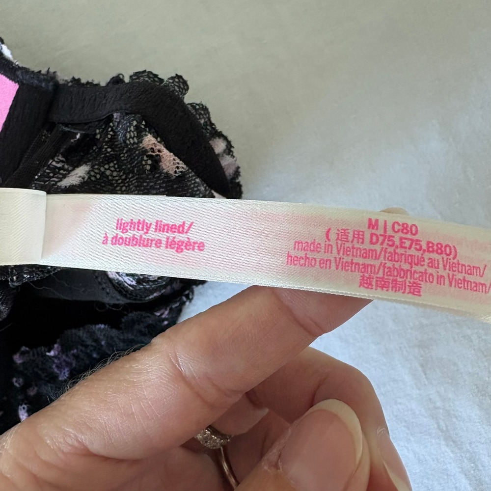 Victoria's Secret PINK Lace Bralette Black Floral Splatter Lightly Lined Medium - Picture 9 of 16